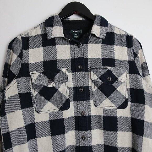 Roots Mens Plaid Elbow Patch Flannel Long Sleeve Shirt Size Small Cream Black - Picture 2 of 9